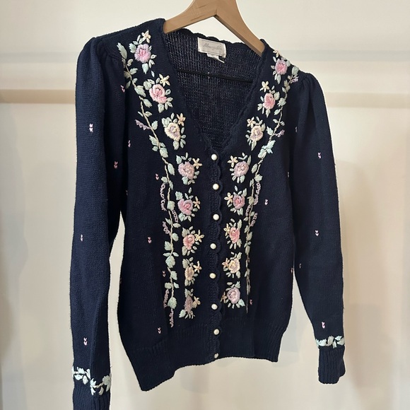 Vintage Navy Embroidered Floral Cardigan Sweater - Picture 2 of 6
